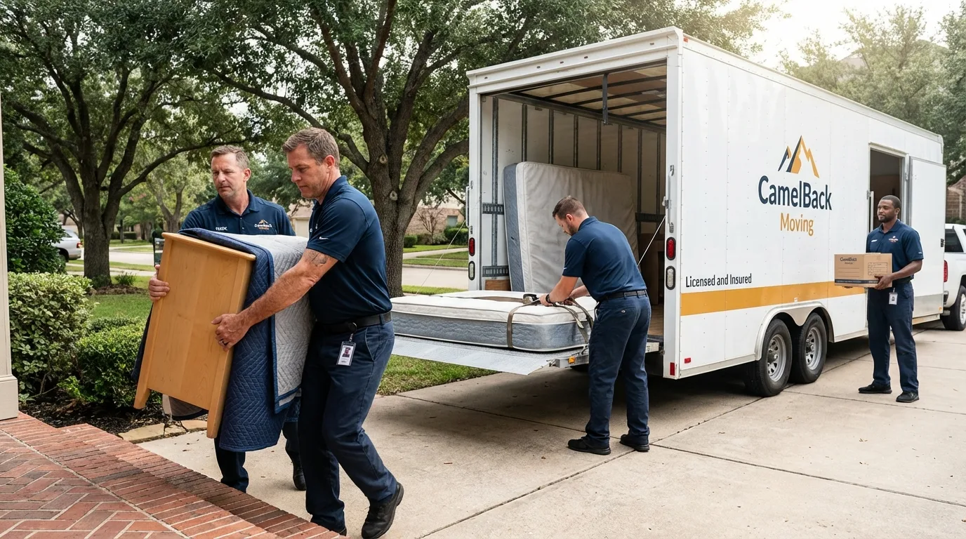Crew loading residential truck for cross-state move from Panhandle, TX