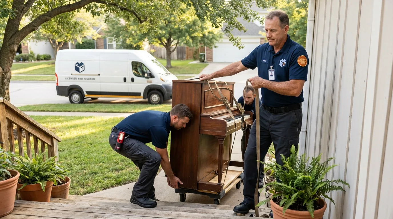 Licensed piano movers securing grand piano in Panhandle, TX