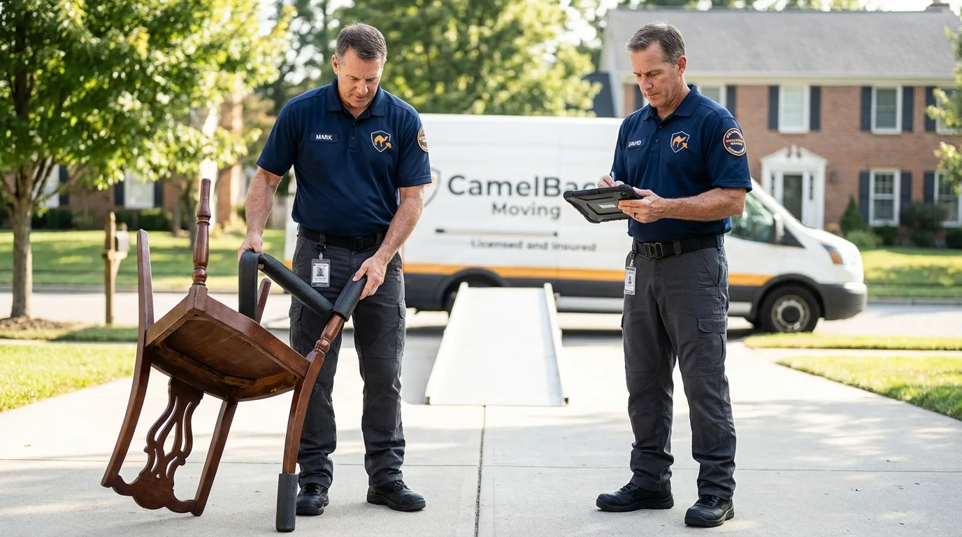 Movers inspecting furniture for damage prevention before loading in Panhandle, TX