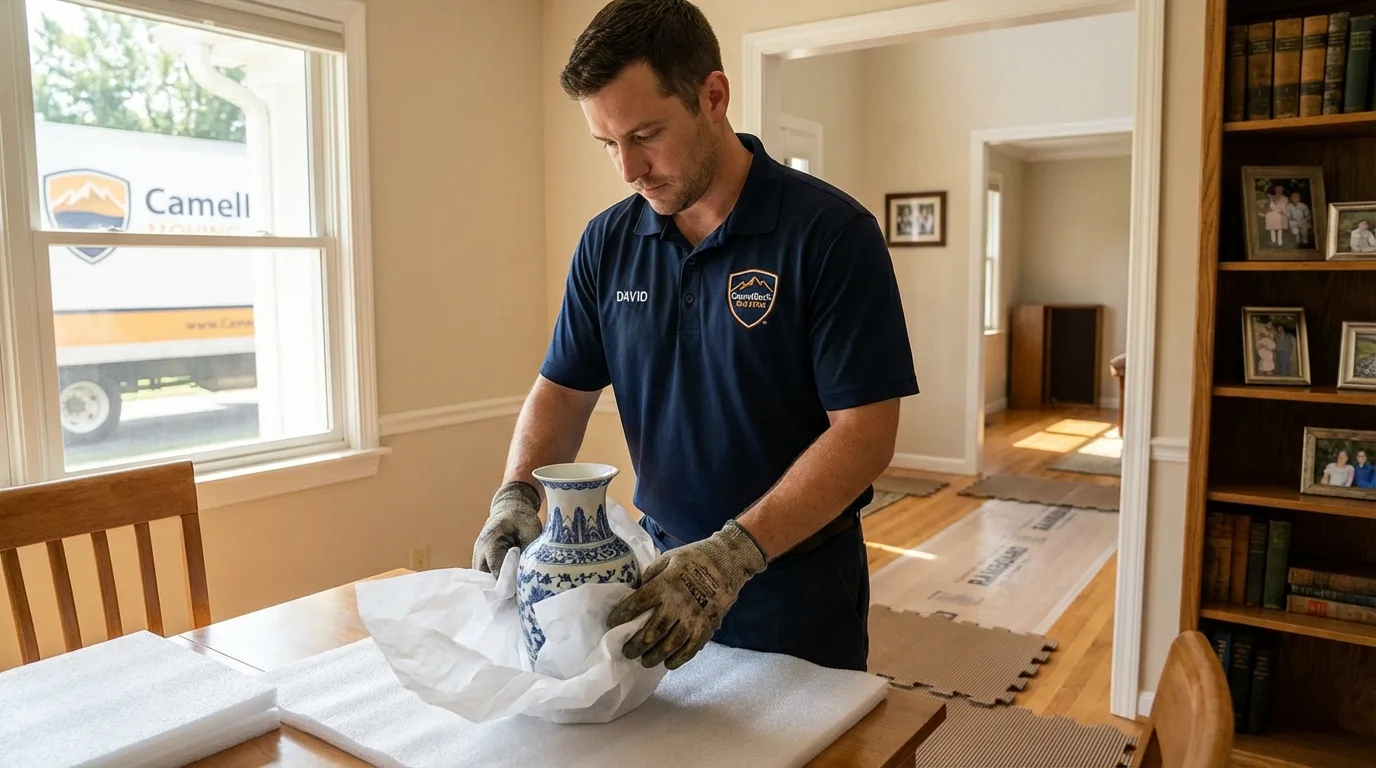 Professional crew carefully wrapping antique vase for senior downsizing move in Panhandle, TX